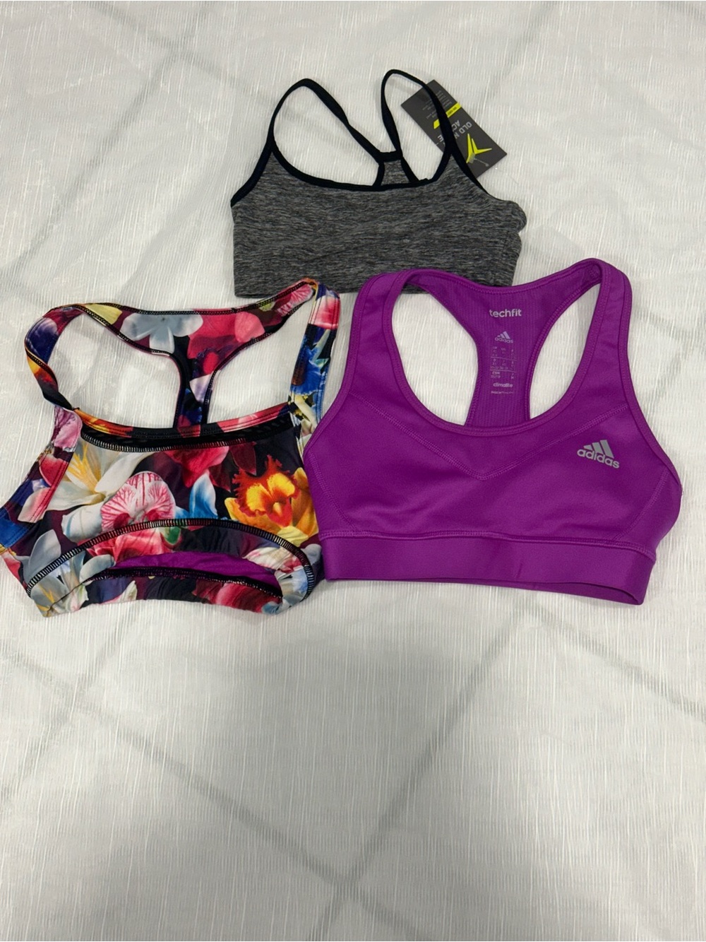 adidas Purple Techfit Racerback Sports Bra with Floral & Grey Pack